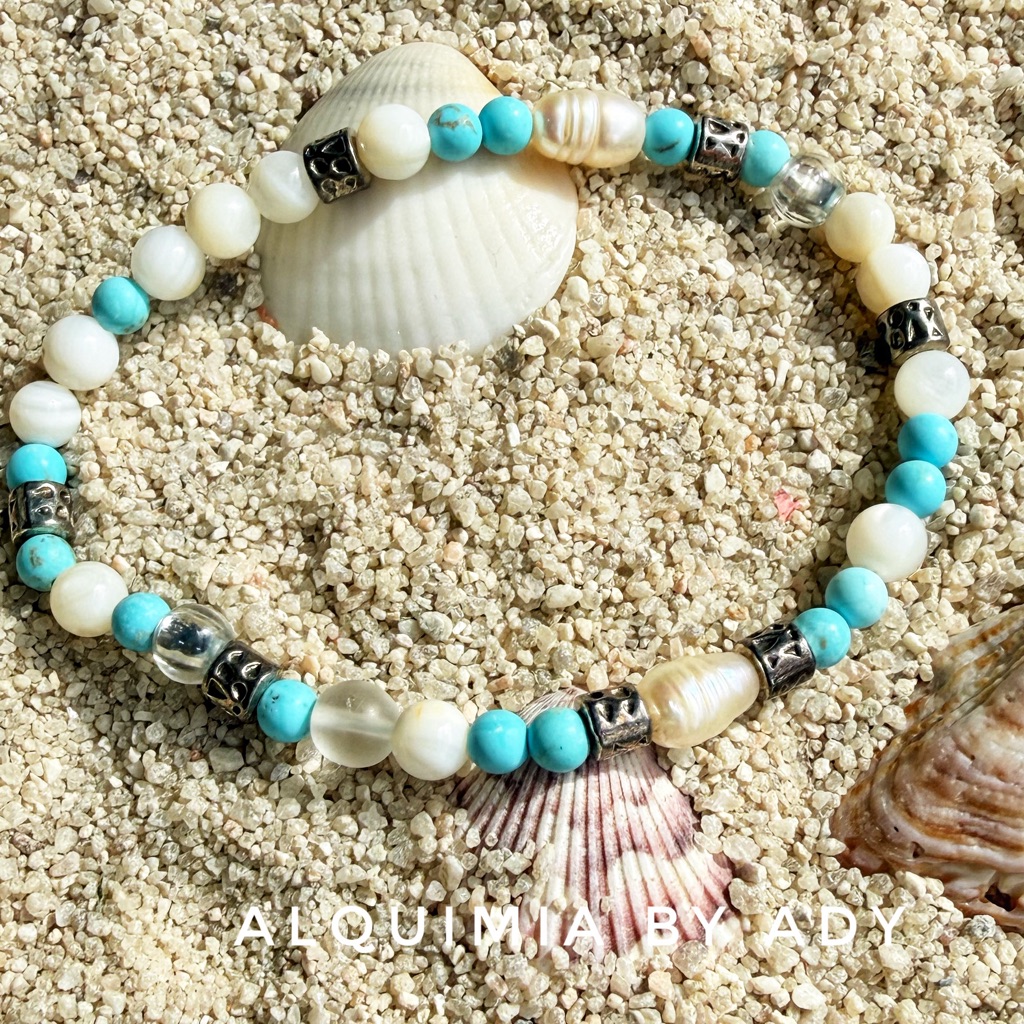 Agate + Freshwater Pearl +Turquoise And Gold Bracelet